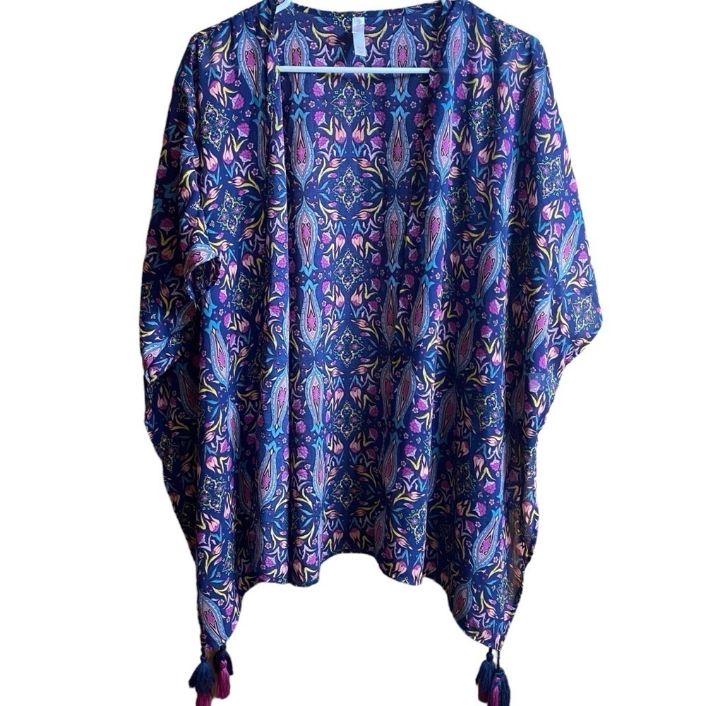 Xhilaration Blue Pink Floral Open Front Boho Cardigan Kimono Shrug Size XS/S